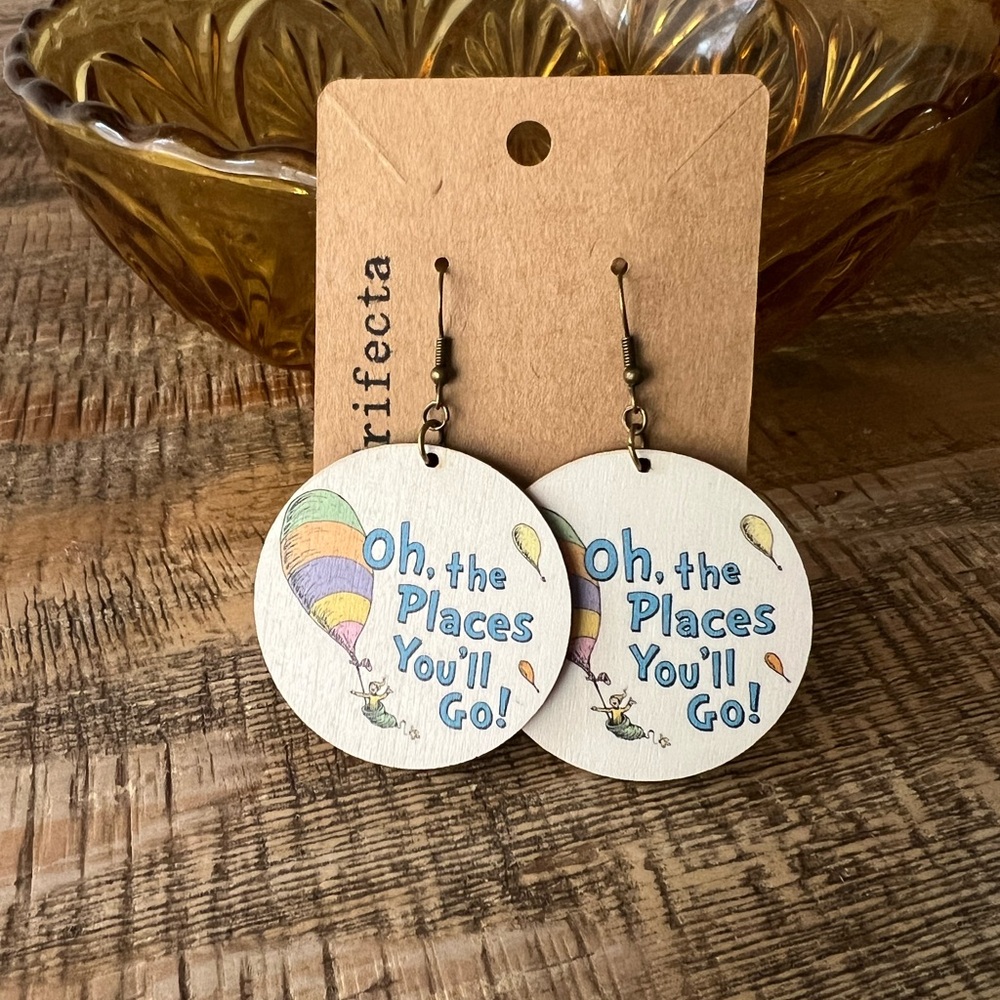 “Oh, the Places You’ll Go!” Round Wooden Earrings